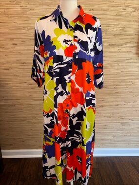 Scorzzo Vibrant Floral Button-Down Maxi Dress Multi a-line pockets one size EUC!